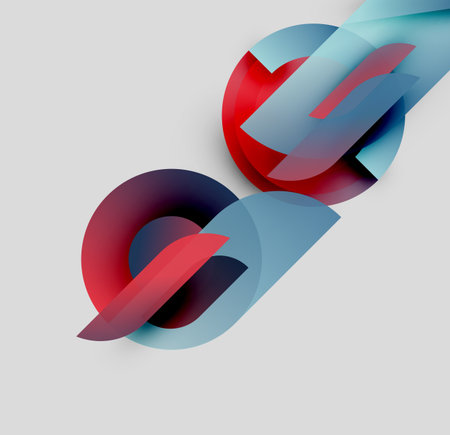 Abstract shapes overlap, creating dynamic composition. Red, blue hues blend with gray background. Modern design elements present.のイラスト素材