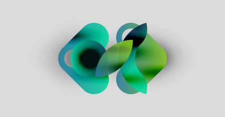 Abstract fluid shapes overlap, creating vibrant green, blue gradients. Soft lighting suggests depth, movement. Minimalist composition, clean background.のイラスト素材