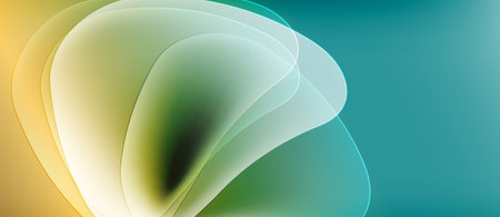 Abstract flowing shapes, soft gradients. Yellow, green, teal hues blend seamlessly. Minimalist...