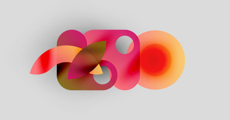 Abstract shapes overlap, creating vibrant color blends. Soft gradients suggest movement, light interplay. Minimalist design, modern aesthetic.のイラスト素材