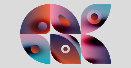 Abstract geometric shapes, vibrant colors, overlapping forms create modern design. Soft gradients, circular elements dominate composition.のイラスト素材