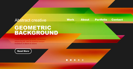 Vibrant geometric background design. Features colorful shapes, text elements, navigation options, plus button for more info.のイラスト素材