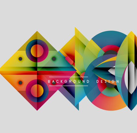 Abstract geometric shapes overlap. Vibrant colors create dynamic composition. Modern design elements suggest innovation, energy.のイラスト素材