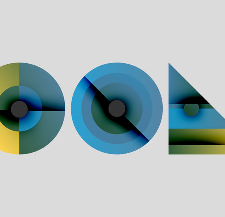 Abstract geometric composition. Circles, triangle, gradients create modern visual design. Colors blend, forming interesting patterns.のイラスト素材