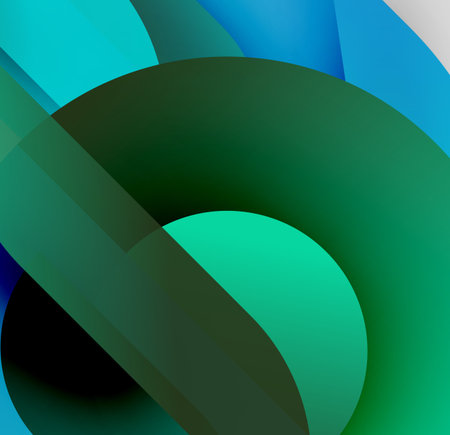 Abstract composition. Overlapping curved shapes create depth. Blue, green hues dominate visual space. Smooth gradients present modern aesthetic.のイラスト素材