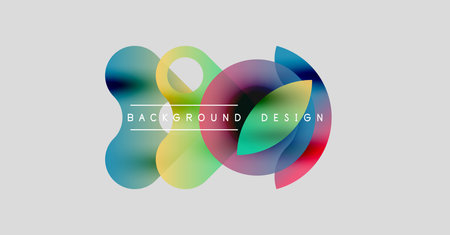 Abstract colorful shapes overlap, creating dynamic background. Text reads background design. Minimalist style, light gray canvas.のイラスト素材