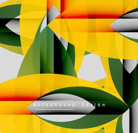 Abstract geometric shapes overlap, creating dynamic composition. Yellow, green, red, black colors dominate design. Modern style.のイラスト素材