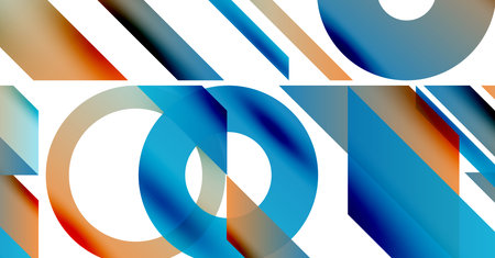Abstract geometric composition. Overlapping shapes create dynamic visual effect. Blue, orange hues dominate design. Modern, clean aesthetic.のイラスト素材