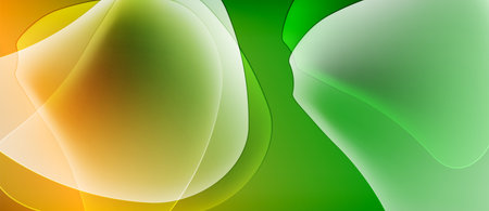 Abstract shapes blend, creating vibrant orange, green hues. Smooth gradients suggest fluidity, light interplay. Minimalist design evokes calm feeling.のイラスト素材