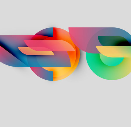Abstract colorful shapes overlap, creating dynamic visual effect. Gradients blend smoothly, forming flowing composition. Modern design.のイラスト素材