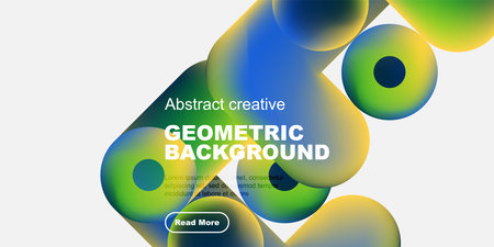 Vibrant fluid shapes overlap, creating dynamic geometric background. Text promotes further exploration. Bright colors dominate composition.のイラスト素材