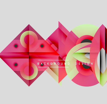 Abstract geometric composition. Pink, green gradients form overlapping shapes. Circles intersect triangles creating dynamic visual effect. Modern design element.のイラスト素材