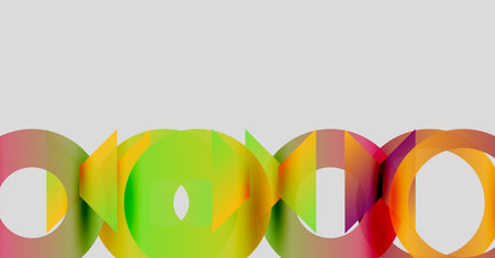 Abstract colorful rings overlap, creating vibrant visual effect. Gradient hues blend, forming dynamic composition. Simple shapes dominate.のイラスト素材
