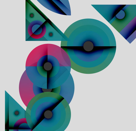 Abstract geometric composition. Overlapping circles, triangles create vibrant visual effect. Colors blend, shapes intersect. Modern design.のイラスト素材
