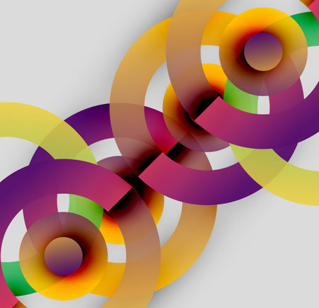 Abstract circles overlap, creating vibrant color gradients. Design features yellow, purple, green hues on gray background.のイラスト素材
