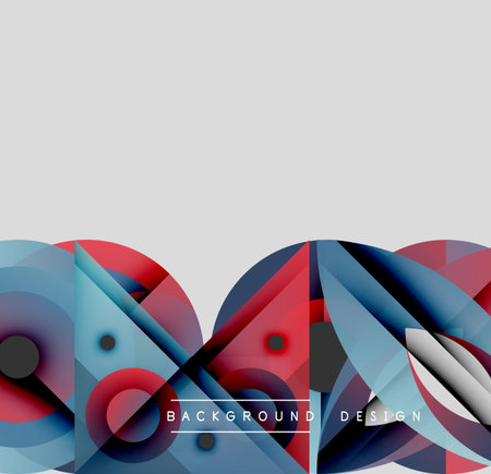 Abstract geometric shapes overlap, creating vibrant color gradients. Modern design with blue, red, gray tones. Minimalist background.のイラスト素材