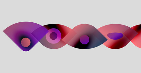 Abstract shapes overlap, creating vibrant wave pattern. Colors blendpurple, red, navyon light gray background. Modern design.のイラスト素材