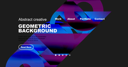 Abstract website header design. Vibrant blue, purple hues dominate. Text highlights work, portfolio, contact options. Modern aesthetic.のイラスト素材