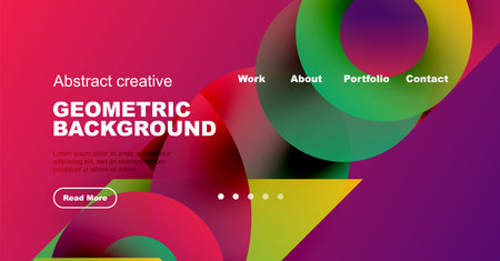 Vibrant abstract geometric background. Modern design features colorful overlapping shapes, text elements, navigation options.のイラスト素材