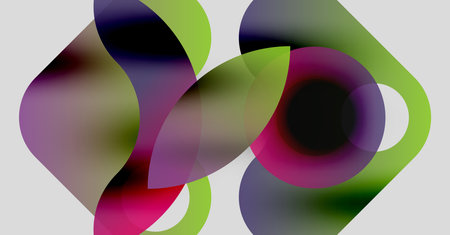 Abstract composition featuring overlapping colorful shapes. Soft gradients create fluid forms, blending magenta, green, purple hues. Minimalist design.のイラスト素材