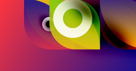 Abstract colorful design. Overlapping shapes create vibrant gradients, circles dominate composition. Modern aesthetic, dynamic visual impact.のイラスト素材