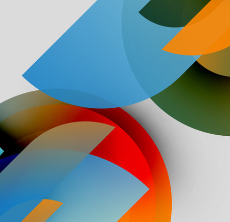 Abstract composition featuring overlapping translucent circles, vibrant colors, gradients. Modern design, simple shapes, dynamic interplay.のイラスト素材