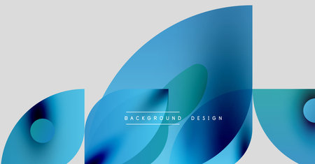 Abstract blue shapes overlap, creating dynamic composition. Gradient colors suggest depth, modern aesthetic. Minimal text present.のイラスト素材