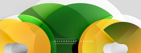 Abstract background. Overlapping shapes, vibrant colors, modern design. Yellow, green hues create dynamic composition. Simple text element present.のイラスト素材