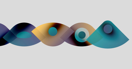 Abstract shapes overlap, creating colorful wave pattern. Soft gradients blend blues, purples, golds, teals. Minimalist design.のイラスト素材