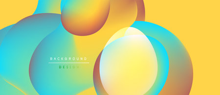 Abstract fluid shapes overlap, creating vibrant color gradients. Yellow background complements blue, orange hues. Minimalist text reads background design.のイラスト素材
