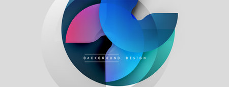Abstract shapes overlap, creating vibrant color gradients. Circular design elements suggest...