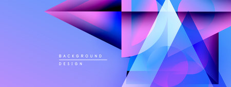 Abstract geometric shapes blend purple, blue hues. Modern design features layered triangles, squares creating dynamic visual effect.のイラスト素材