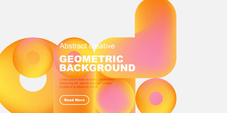 Abstract geometric shapes, vibrant orange hues, white backdrop. Text block present, button visible. Modern design elements.のイラスト素材