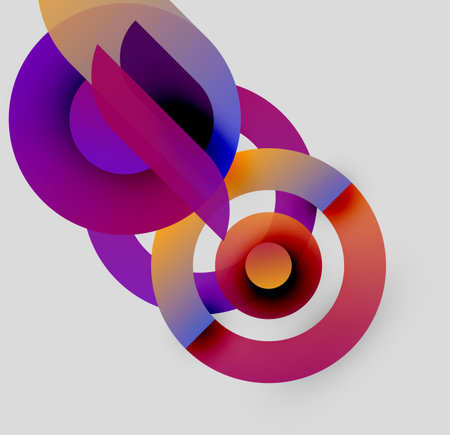 Abstract colorful design. Overlapping shapes create dynamic visual impact. Gradient hues blend seamlessly, forming circular patterns. Modern aesthetic.のイラスト素材