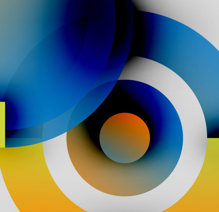 Abstract composition. Overlapping circles, vibrant hues, gradients create dynamic visual experience. Modern design, bold colors.のイラスト素材