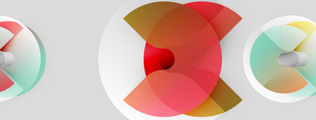 Abstract graphic design features overlapping circles, gradients, vibrant colors. Composition suggests movement, depth, modern aesthetic.のイラスト素材
