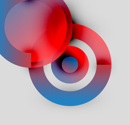Abstract composition. Concentric circles overlap, using red, white, blue hues. Minimalist design, modern aesthetic, gradient effects present.のイラスト素材