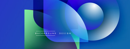 Abstract blue design features overlapping shapes, gradients, spheres. Text reads background design. Modern, vibrant composition.のイラスト素材