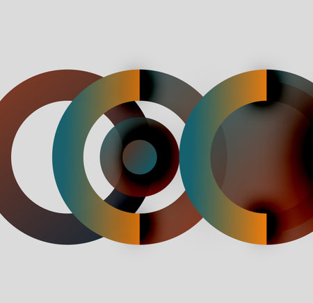 Abstract circles overlap, creating complex visual pattern. Colors blend, forming gradients....