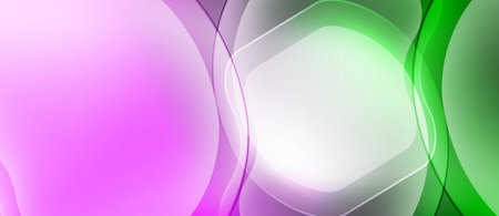 Abstract background features overlapping circles, gradients. Pink, green, white hues create smooth visual flow. Modern design element.のイラスト素材