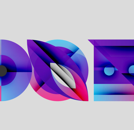 Abstract composition. Vibrant blue, purple hues blend. Geometric shapes overlap creating dynamic visual effect. Modern design.のイラスト素材