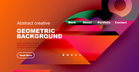 Modern website template. Vibrant colors, geometric shapes, text overlay. Design features navigation menu, call to action button.のイラスト素材