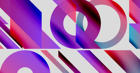 Abstract composition featuring vibrant circles, lines, gradients. Modern design with purple, blue,...
