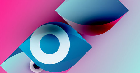 Abstract shapes overlap, creating vibrant color blends. Pink, blue, white hues dominate composition....