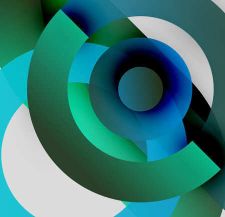 Abstract composition. Overlapping circles create dynamic visual effect. Shades range from teal to dark blue, plus white highlights.のイラスト素材