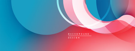 Abstract background features overlapping circles, gradients. Blue, red, white hues create dynamic visual flow. Modern design element.のイラスト素材