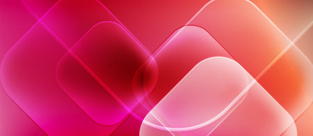 Abstract background features overlapping squares, gradients. Pink, red hues dominate composition. Soft glow creates modern aesthetic.のイラスト素材
