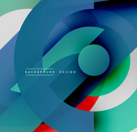 Abstract geometric shapes overlap, creating dynamic blue, green, red composition. Modern design elements suggest depth, movement.のイラスト素材