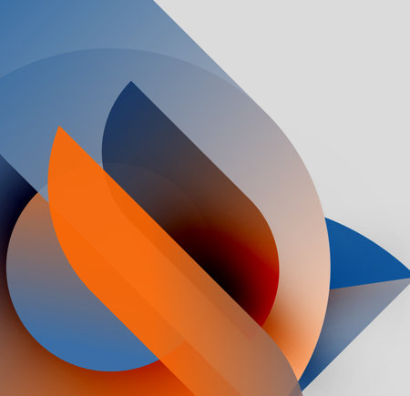 Abstract composition featuring overlapping translucent shapes. Colors include orange, blue, gray, brown. Minimalist design, modern aesthetic.のイラスト素材