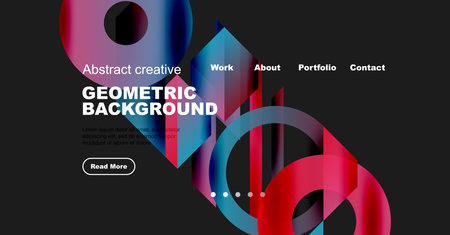 Modern website mockup features vibrant geometric shapes, bold typography, dark background. Navigation includes work, about, portfolio, contact options.のイラスト素材